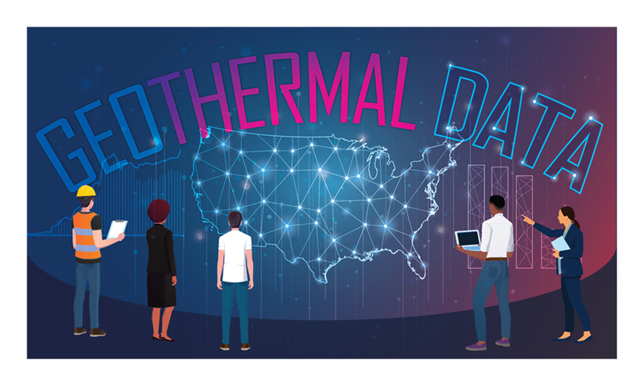 Geothermal Data against a background of the electricity grid across the whole country, with professionals from multiple industries gathered round and analyzing it.