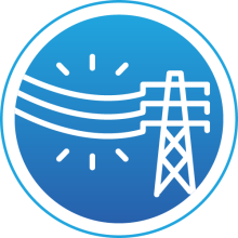 A line drawing of power lines leading to a transmission tower, in white, against a blue background.